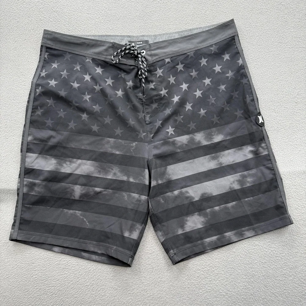 Hurley‎ Board Shorts Mens 38 Gray USA Flag Swim Trunks Stretch Quick Dry